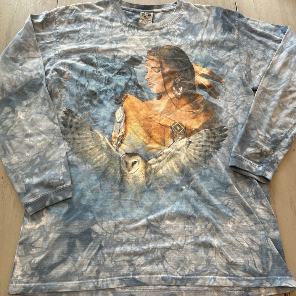 Vtg Back to Earth Blue Native Indian Owl Long Sleeve Crew Neck Shirt Men’s Sz L